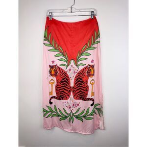 BL-nk London M Lania Slip Midi Skirt Tiger Print Anthropologie Satin Side Slit
